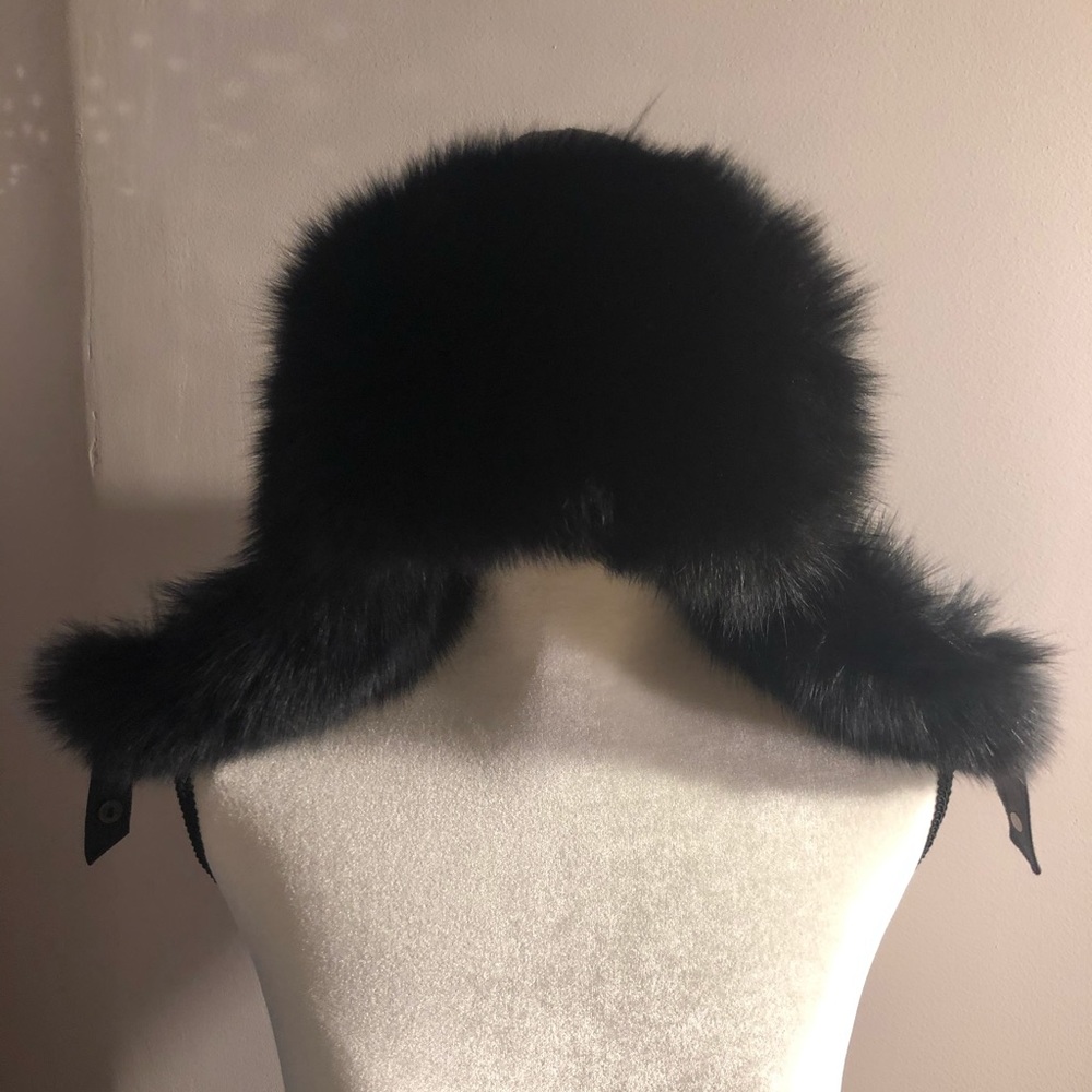Genuine black leather and fox fur hat